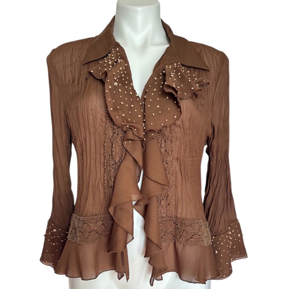 VTG 90s Whimsigoth Fairy Lace Ruffle Top Brown Bell Sleeve Bead Crochet